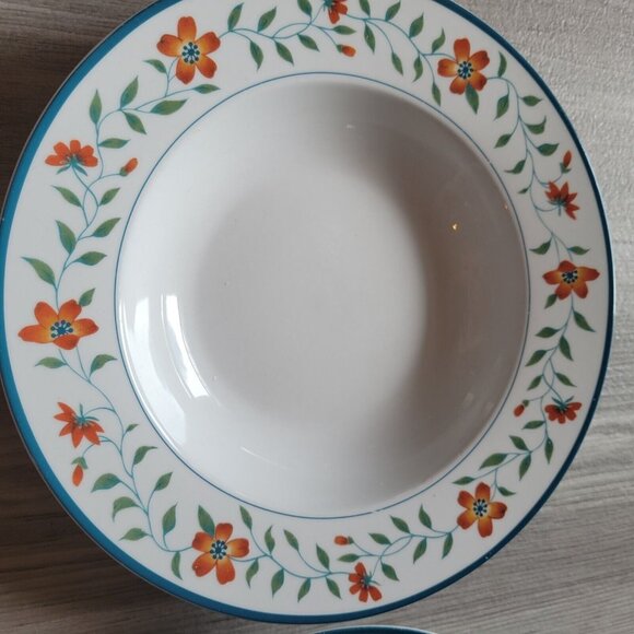 2 MSE Banded Floral Martha Stewart Blue Trim Orange Flower Soup Cereal Bowls - Picture 2 of 5